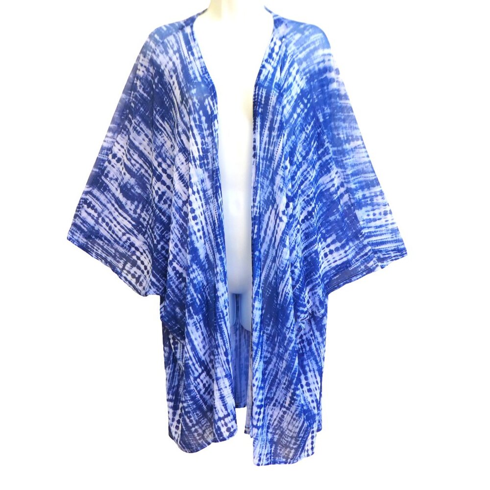 Torrid Kimono Blue White Mesh Tie Dye Open Front Beach Swim Versatile Cover 3 4